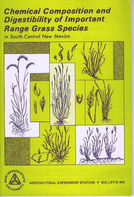 Item #30876 CHEMICAL COMPOSITION AND DIGESTIBILITY OF IMPORTANT RANGE GRASS SPECIES IN SOUTH-CENTRAL NEW MEXICO. Rex D. Pieper, Eloy J. A. Boggino, Eugene E. Parker, G. Stanley Smith, Arnold B. Nelson, Carl F. Hatch.